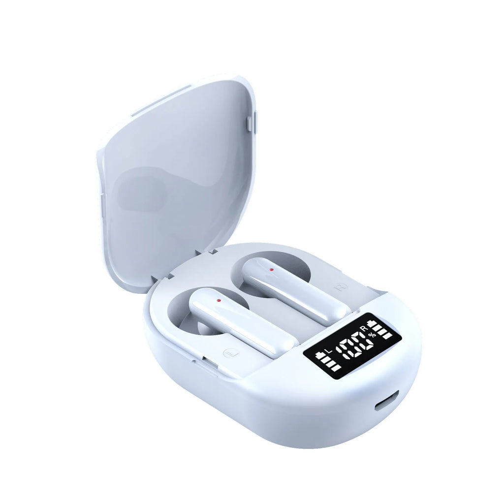 Black and white wireless Bluetooth in-ear headset with digital display and compact charging case
