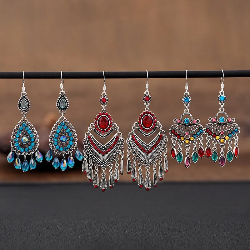 Retro court crystal long fringe earrings in Smart Water Drop Purple colour showing drop shape and ethnic style design