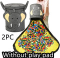 Green felt cube storage bag with pull rope, shown both as a closed bag and flattened as a play mat.