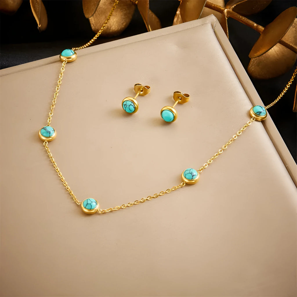 Round turquoise stainless steel earrings and necklace set on display