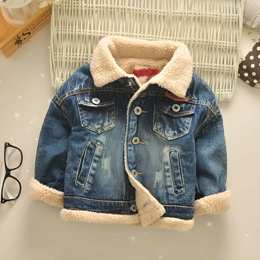 Children's thickened Korean style fur collar denim jacket with square collar in denim colour on model