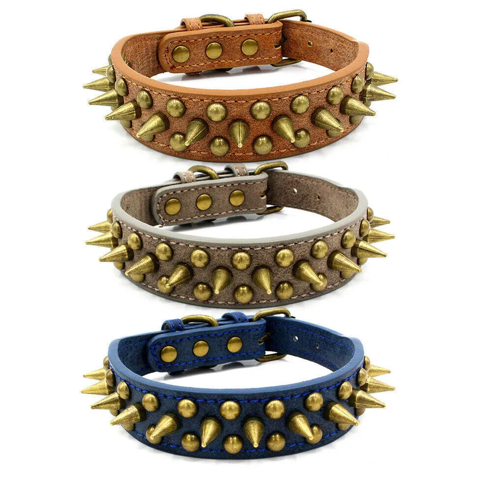 Retro studded spiked rivet PU faux leather dog collar in blue with metal D ring buckle on white background
