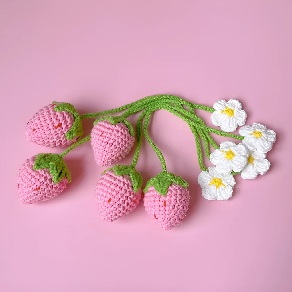 Handmade wool crochet strawberry pendant on 35cm cord in pink or red colour