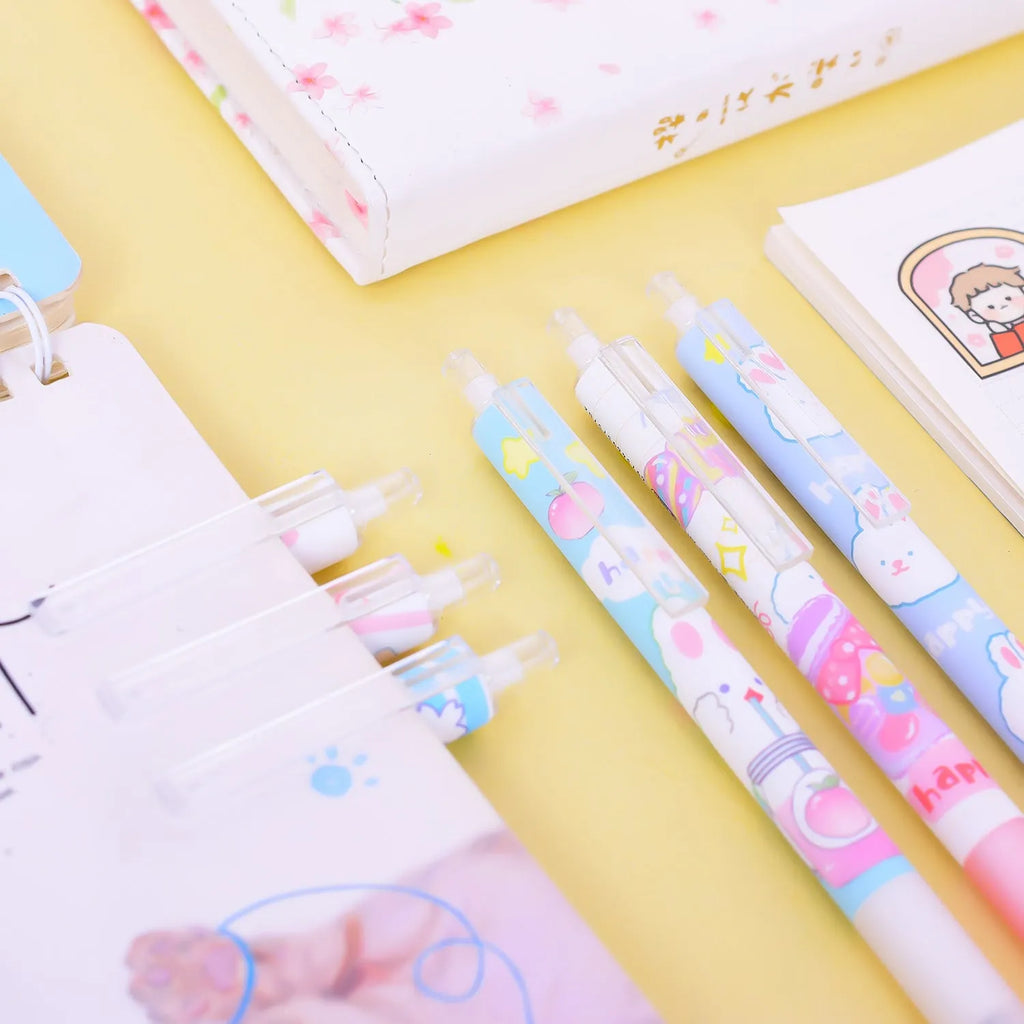Six bunny cartoon design black ink pens with 0.5mm tips in packaging