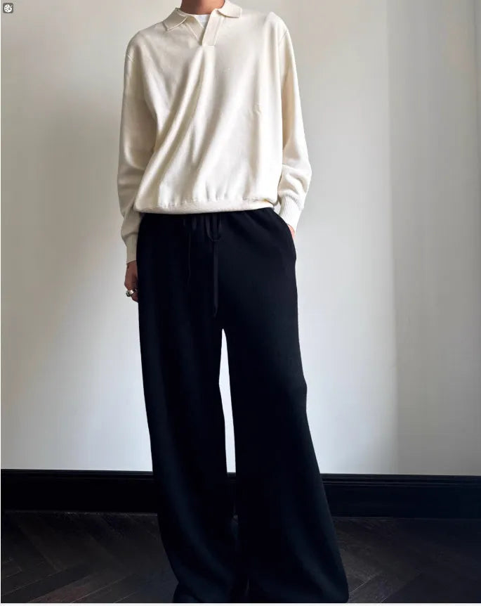 Men's pure wool polo sweater with lapel collar in milky white and navy blue colours