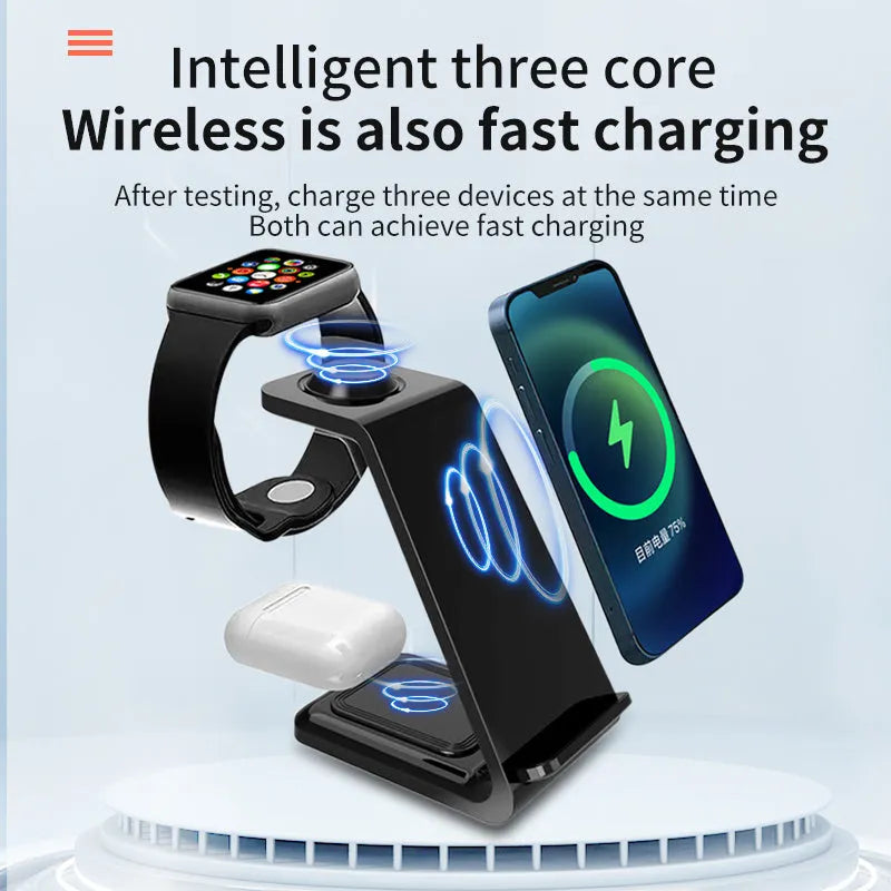 White upright wireless charging phone holder with Type-C cable on desk