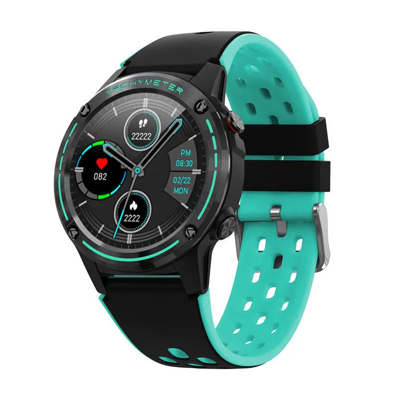 Blue silicone strap 1.3 inch outdoor sports smart watch displaying health metrics on its screen.