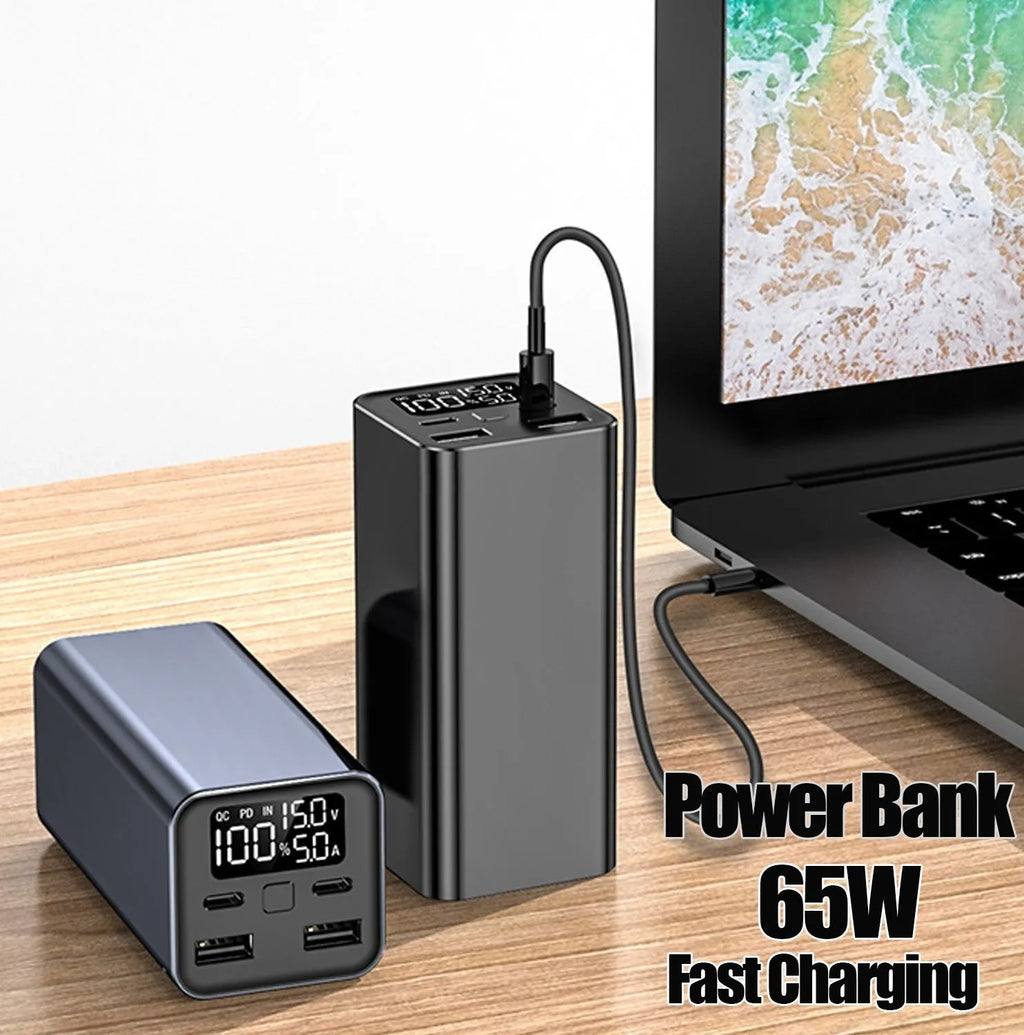 65W laptop power bank with metal casing in black, blue, or grey colours showing compact dimensions
