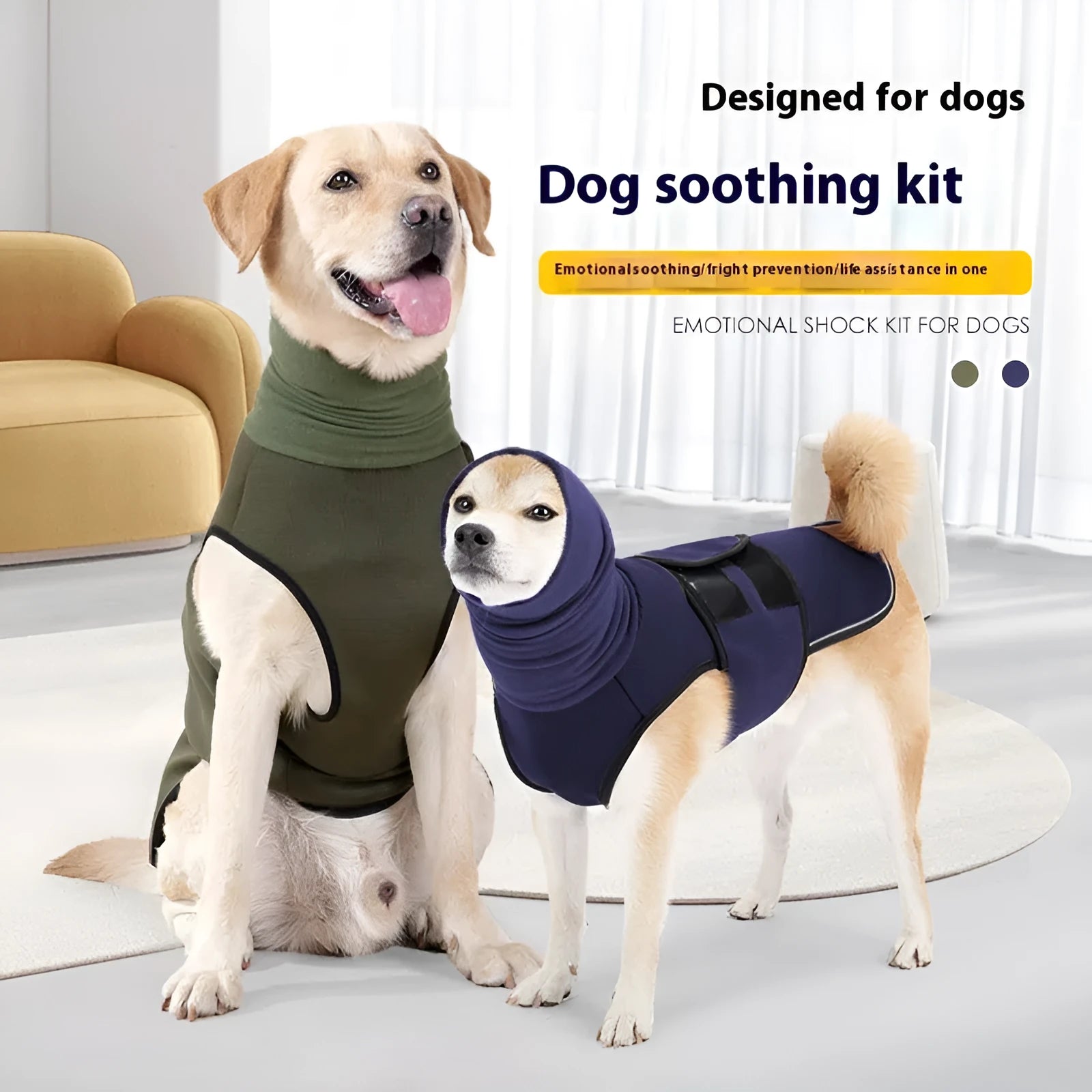 Dog wearing army green anti-anxiety jacket for calming support during stressful situations