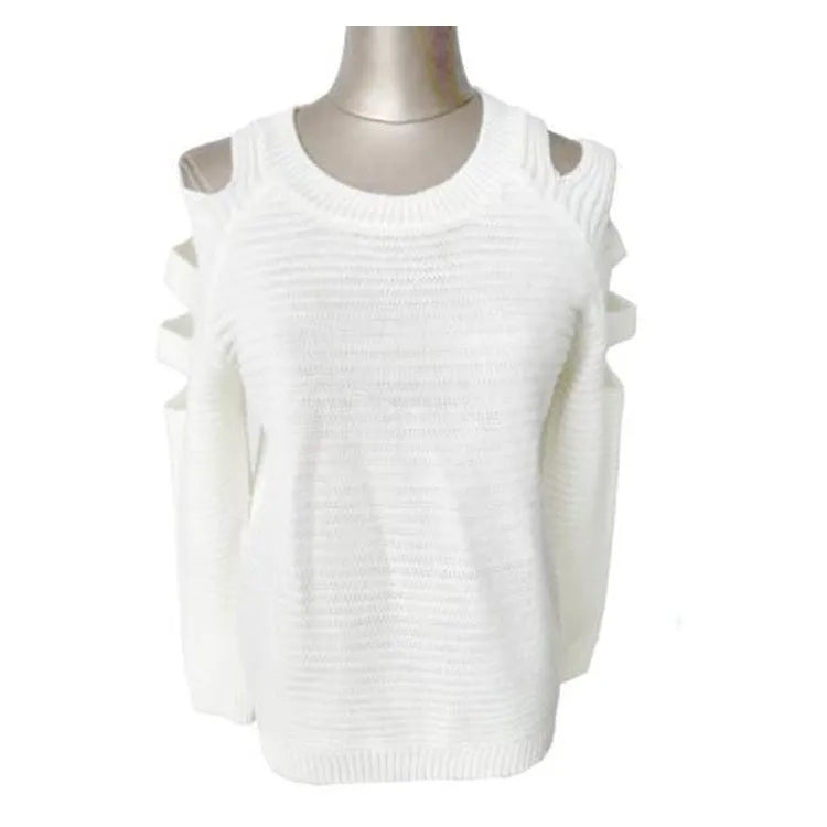 Women's white hollow-out crocheted knit shirt with round neck and long sleeves laid flat.