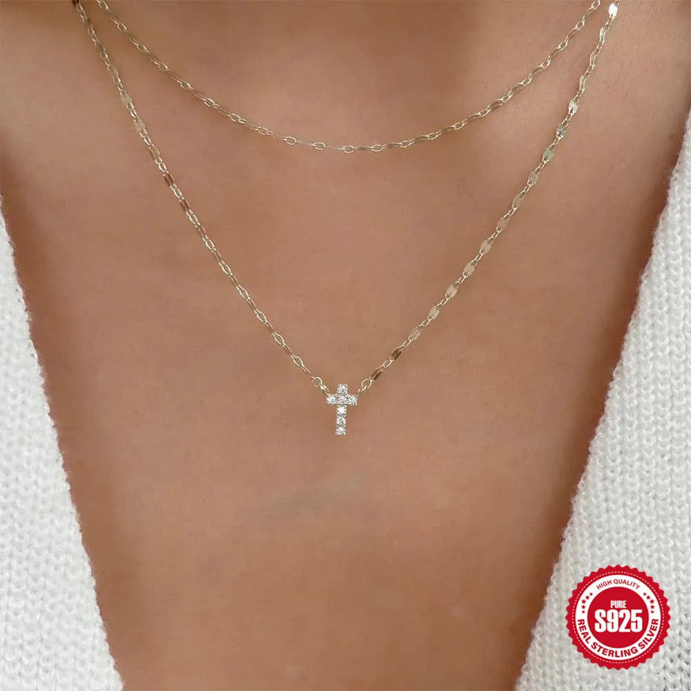 S925 sterling silver double layer twin diamond cross pendant necklace with clavicle chain in gold finish