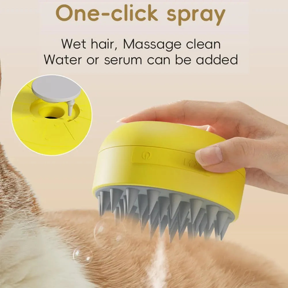 Green and yellow rechargeable pet steam brush with silicone bristles for cat and dog grooming