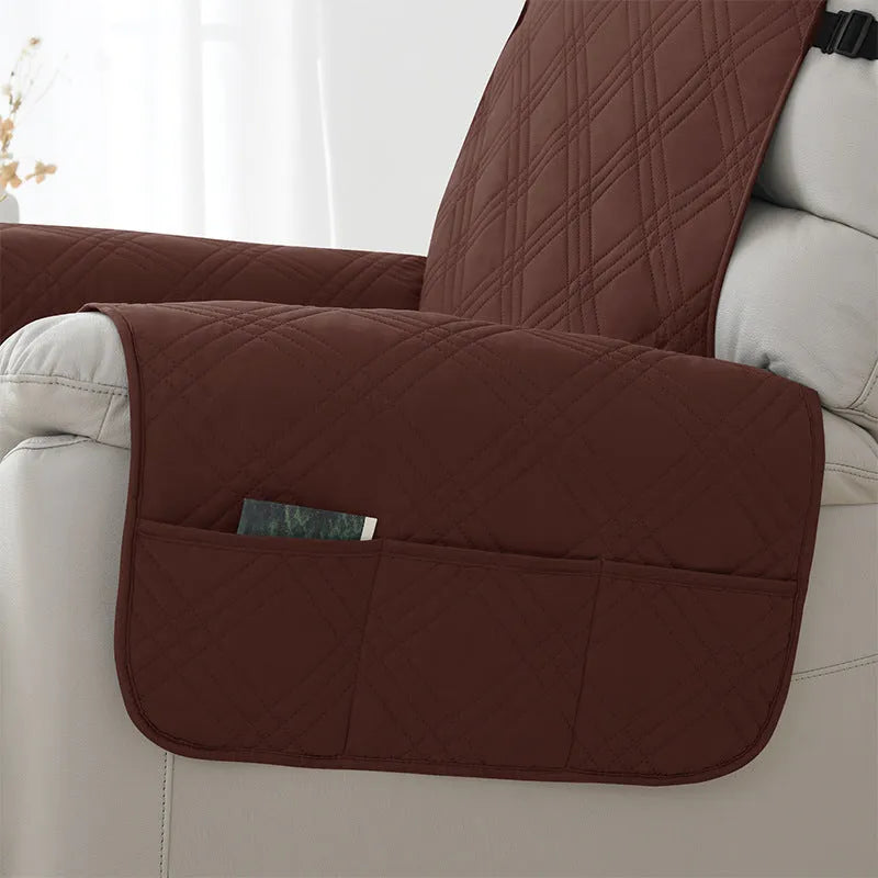 Quilted burgundy sofa cover stretched over a single Chivas massage chair cushion.