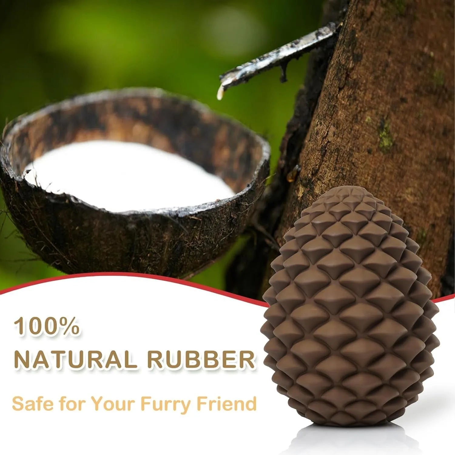 Yellow pine cone-shaped natural rubber dog toy with treat dispenser hole.