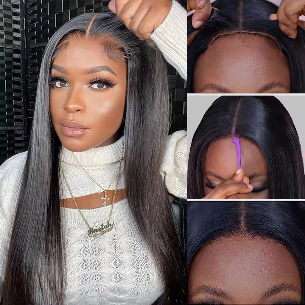 Long straight glueless human hair wig with lace front and side bangs, shown in various lengths.