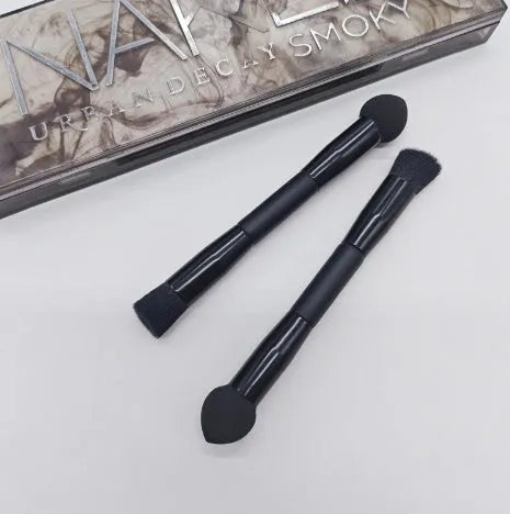 Double-headed miter sponge concealer brush with wooden handle and black artificial fibers