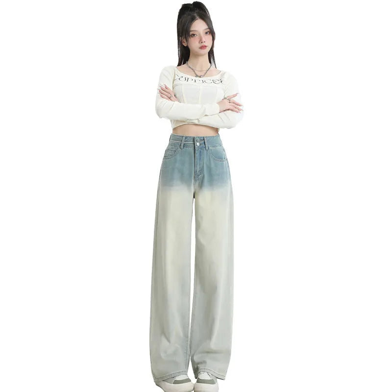 Women's gradient blue straight-leg wide-leg denim jeans in cotton fabric
