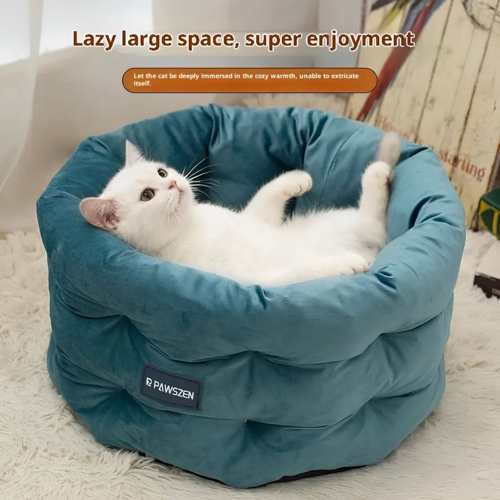 Cathouse Doghouse cloth cat bed in emerald blue, M size, on floor for winter use