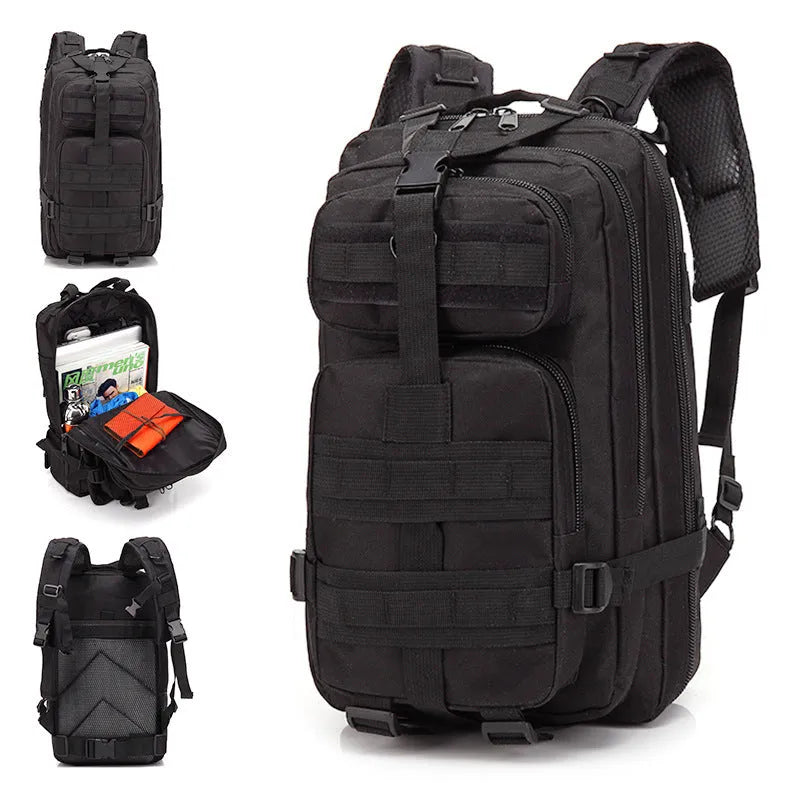 Large khaki coloured off-road hiking backpack with air pillow belt system on a rocky outdoor trail.