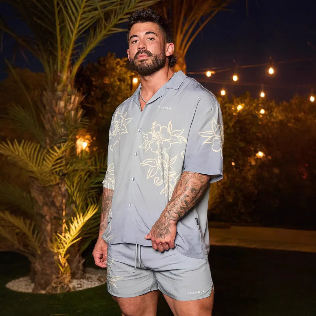 Men's loose fit short sleeve top with flower pattern printing in neutral colour options