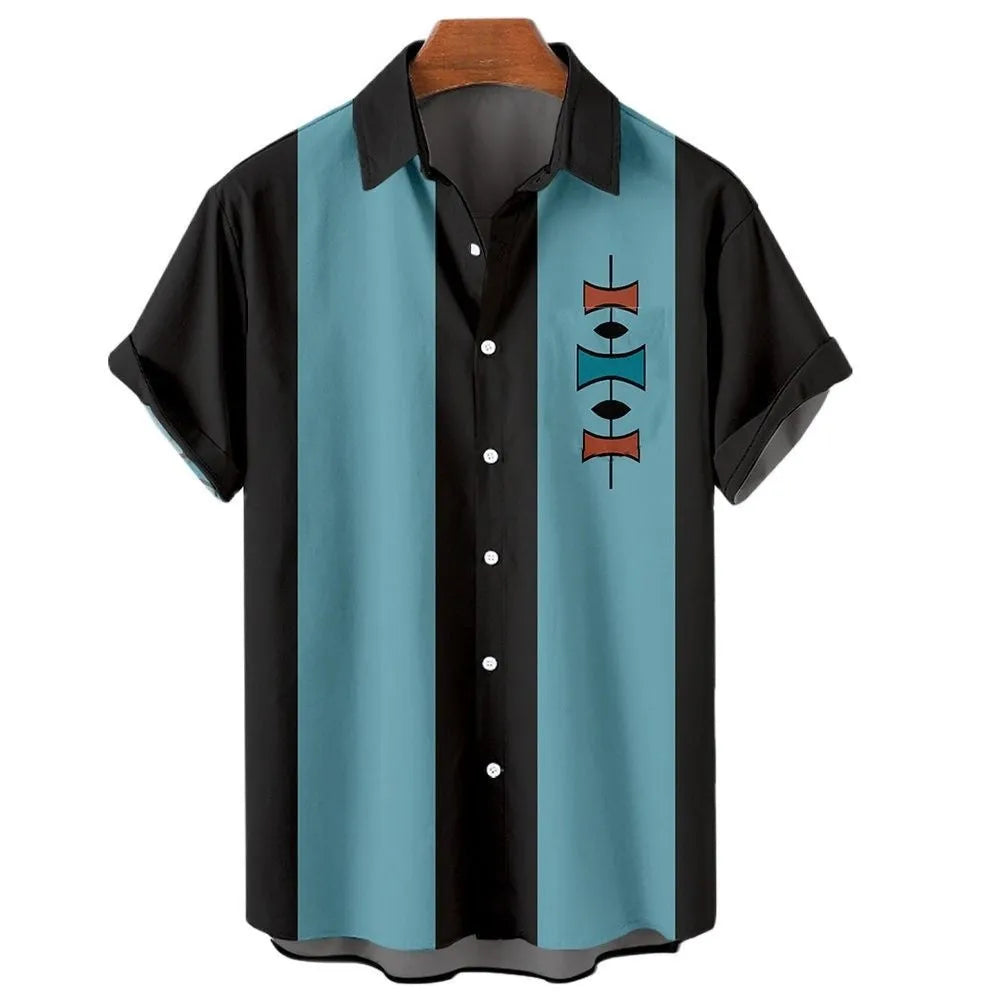 Men's tropical stripe Hawaiian shirt with short sleeves and button front in elastic polyester fabric