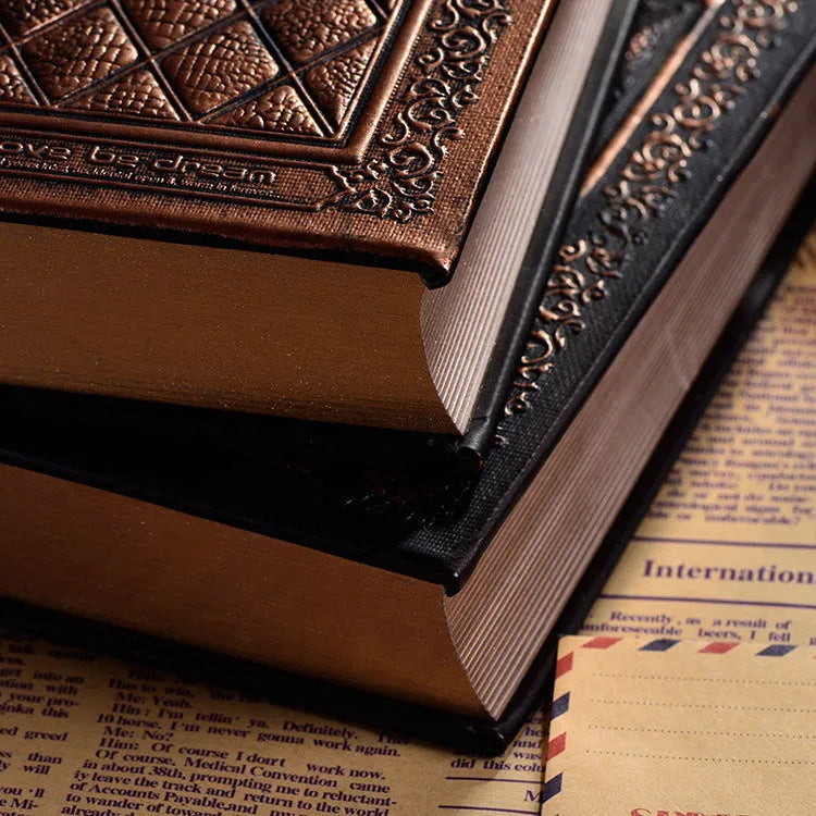 Embossed faux leather A5 notepad with thick 3D cover in bronze or black gold colour