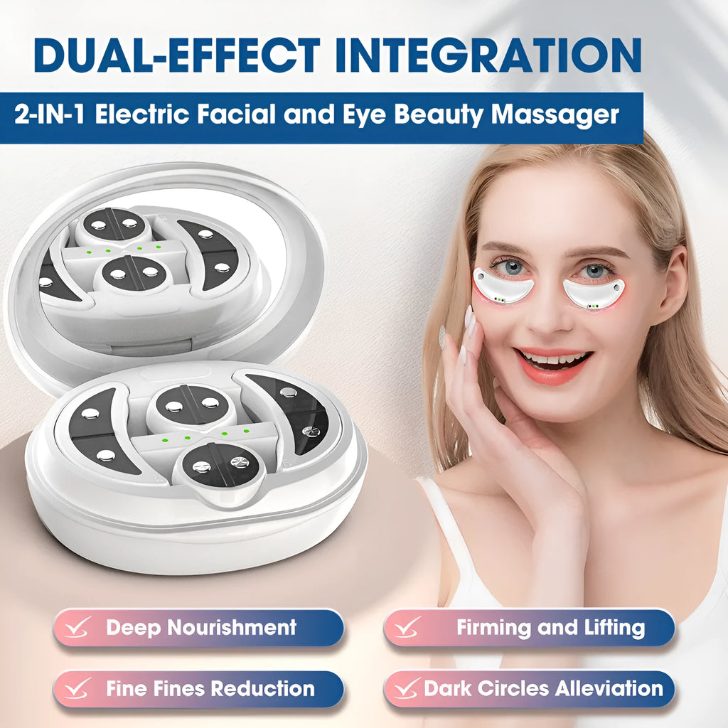 White wireless red light and EMS eye and face massager for home beauty treatment.