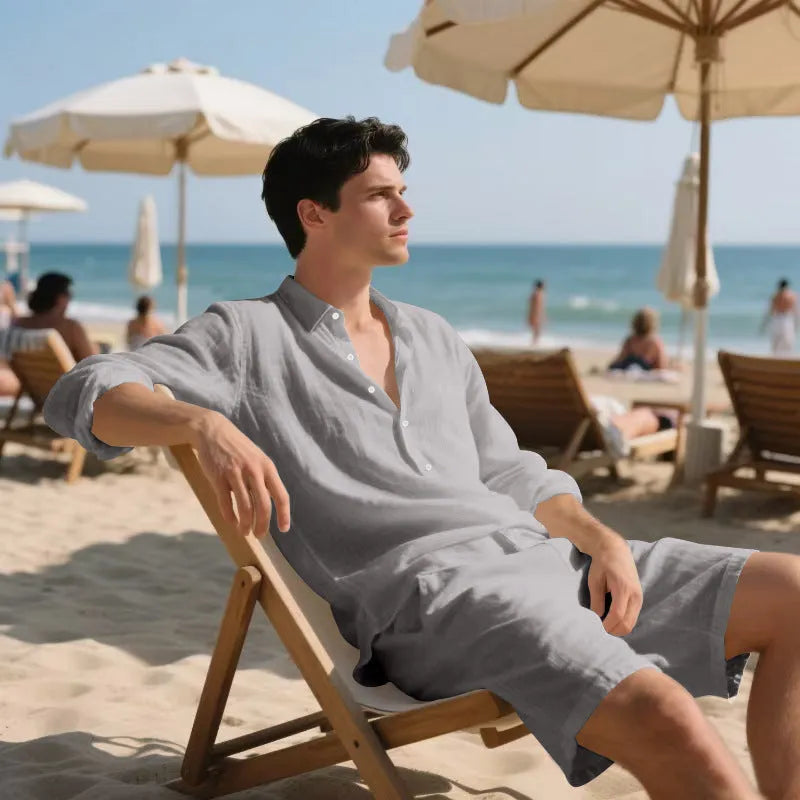 Men's linen beach suit set showing long sleeve shirt and matching shorts in available colours