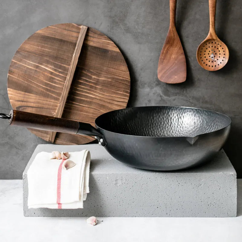 40cm traditional black iron wok with wooden handle and glass lid option