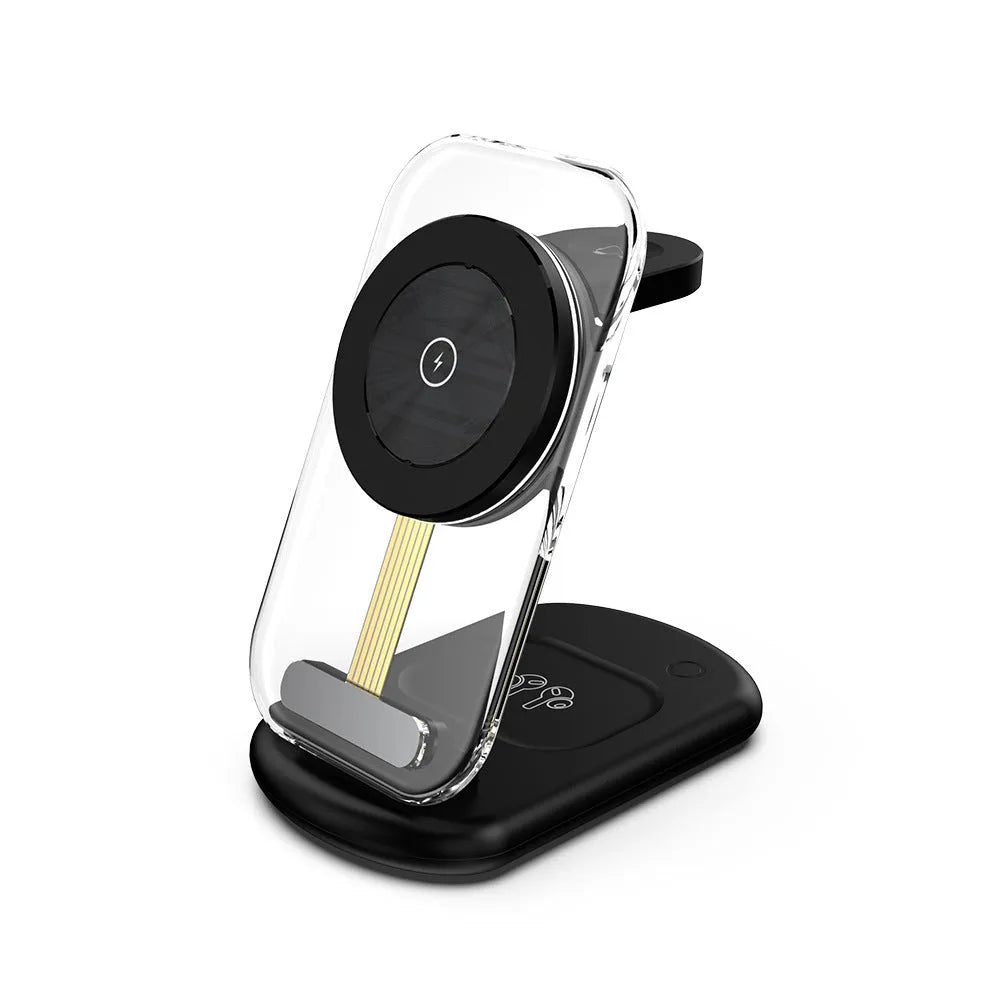 Transparent folding three-in-one wireless charger showing internal components