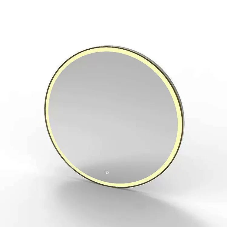 Round smart bathroom mirror with black aluminium frame and integrated LED lighting