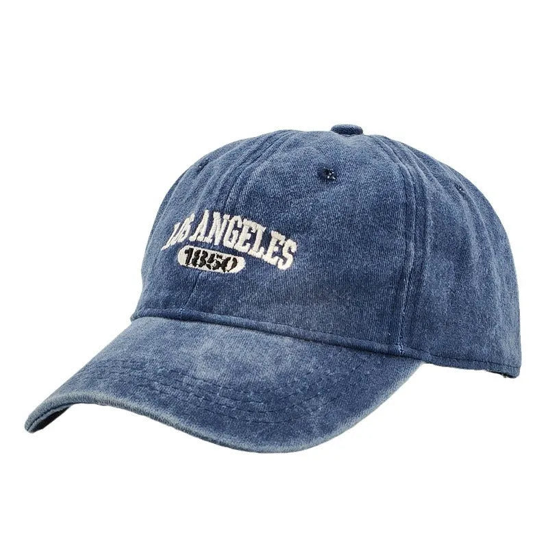 Personalised adult peaked cap with distressed letters embroidery in adjustable sizing