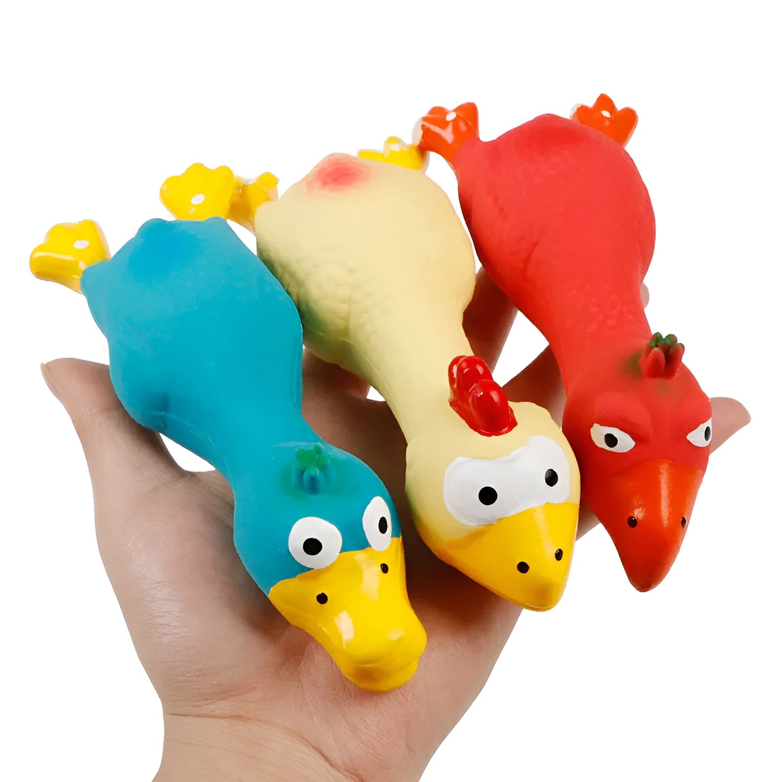 Red latex duck pet sound toy on white background, approximately 15cm long