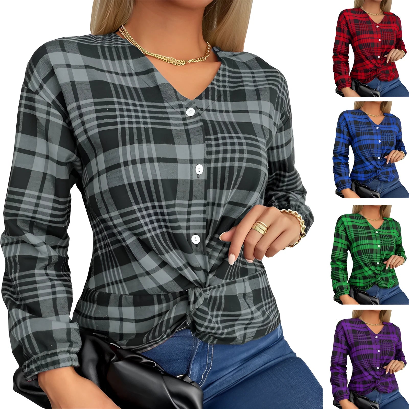 Women's purple plaid shirt with loose fit and regular sleeves