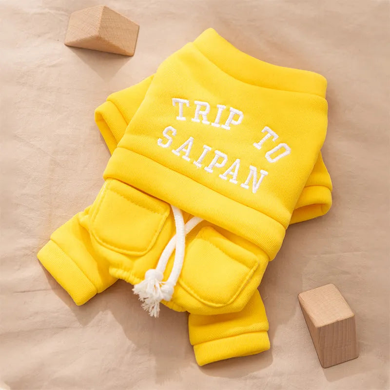 Green fleece puppy hoodie on a small dog, four-legged design with hood for autumn winter warmth