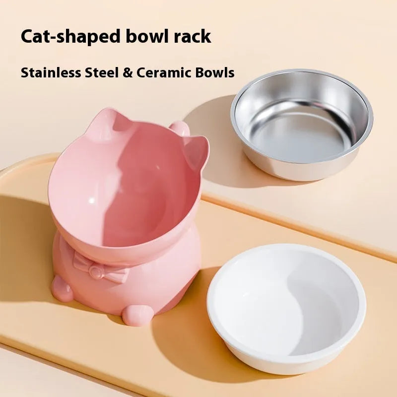 Stainless steel anti-fall oblique cat bowl with kitten tail design in four colour options