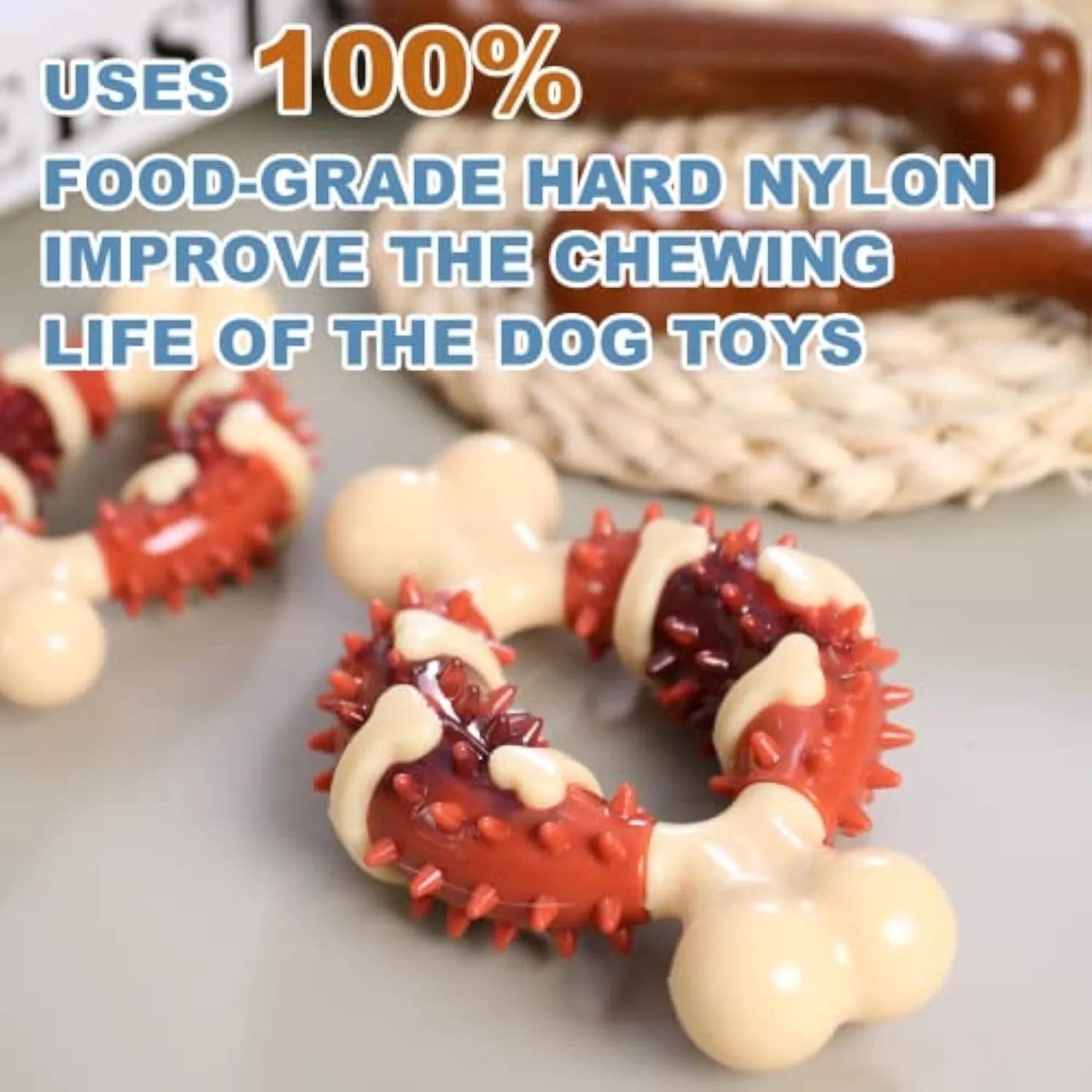 Bone-shaped natural rubber dog molar chew toy in two sizes for teeth grinding.