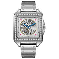 Men's square automatic watch with diamond-studded dial on a black leather strap.