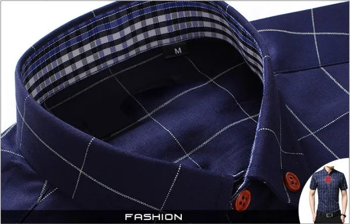 Men's casual short sleeve plaid shirt in red, slim fit cardigan style, cotton polyester blend