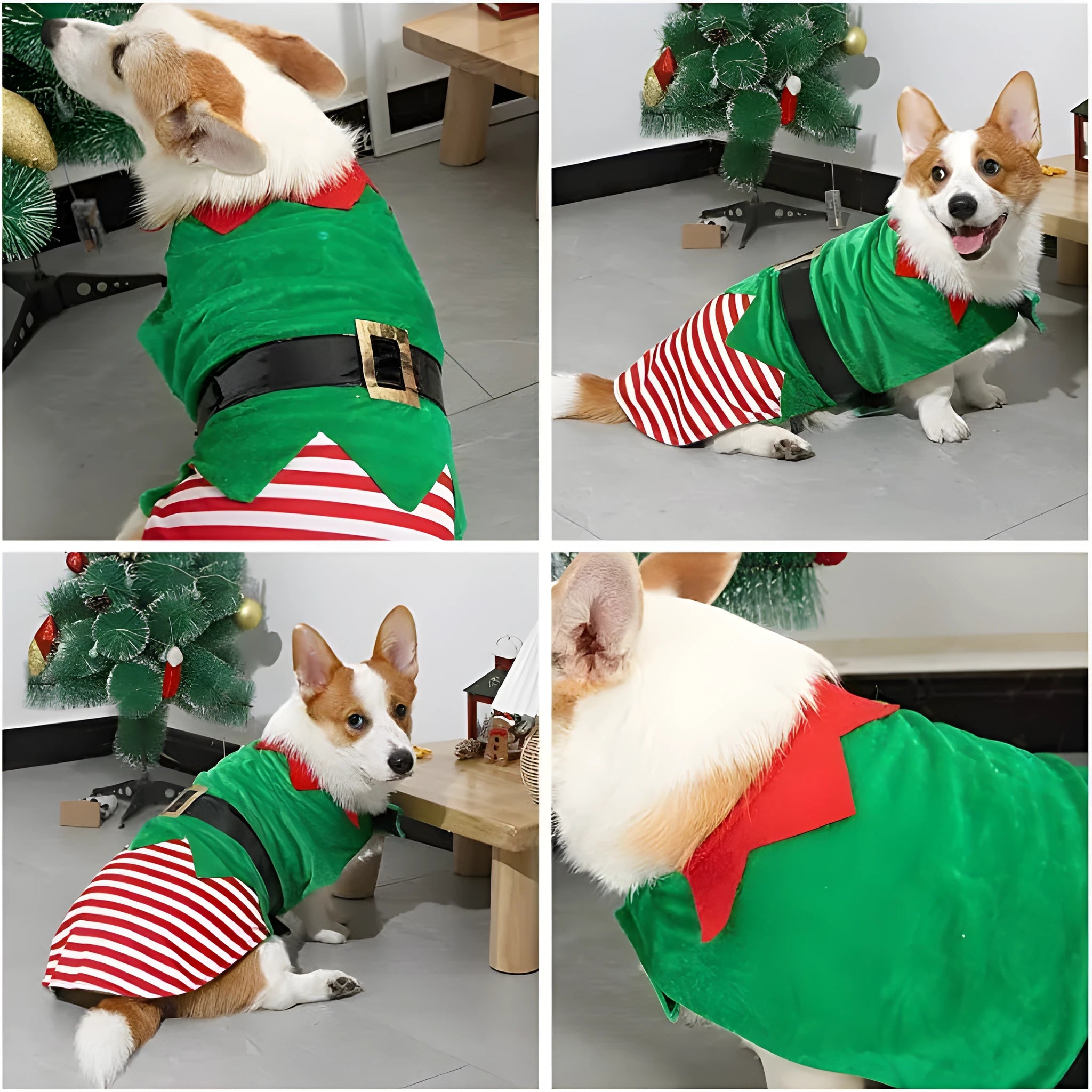 Green elf pet costume for dogs made from cotton, available in sizes XS to XXL, with or without attached light