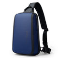 Blue Oxford cloth men's chest bag with double shoulder straps, shown front view