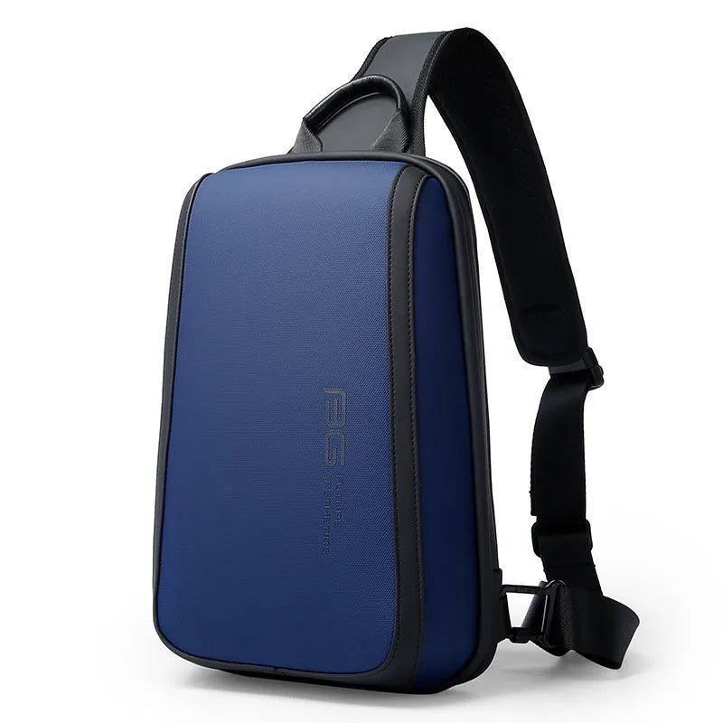 Blue Oxford cloth men's chest bag with double shoulder straps, shown front view