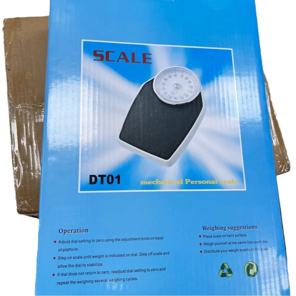 Black mechanical body weight scale with large dial showing weight measurements.