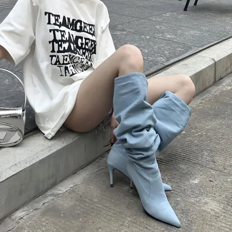 Women's pointed toe stiletto denim high heel below the knee boots in blue artificial PU with waterproof platform
