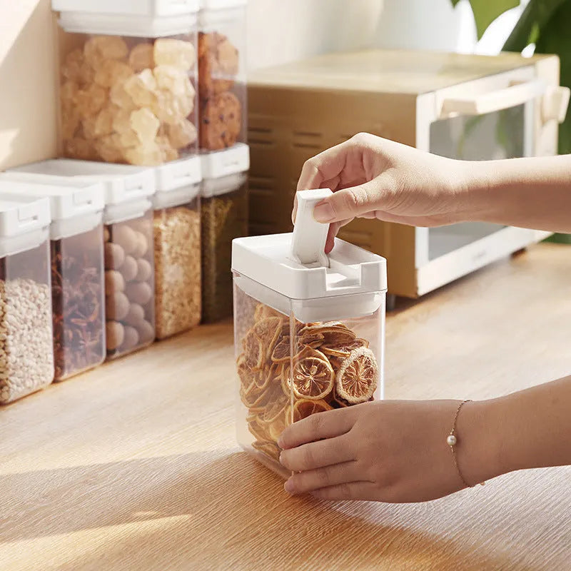 Transparent white plastic storage container for grains with 400ml capacity.