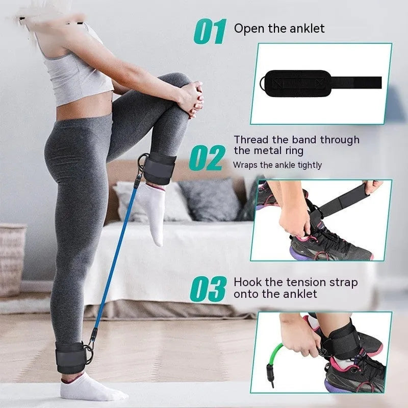 Set of three TPE resistance bands (10lb, 20lb, 30lb) with two black foot loops and a storage bag.