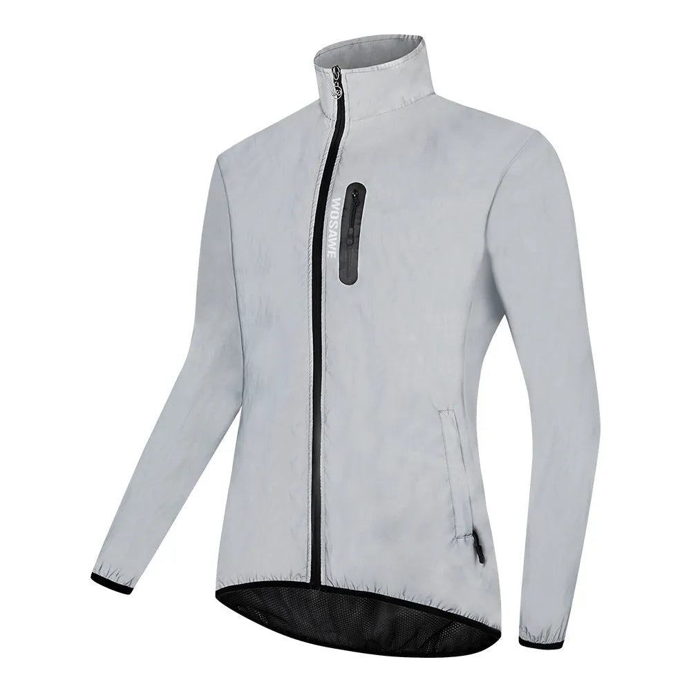 Silver long-sleeved waterproof polyester windproof jacket on a hanger.