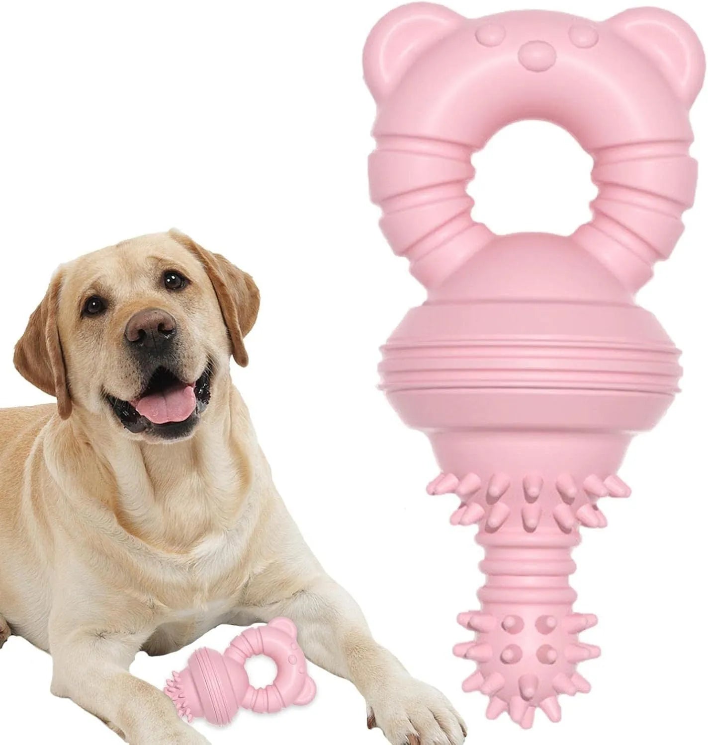 Blue molar-shaped rubber dog chew toy with textured concave-convex surface for teeth cleaning