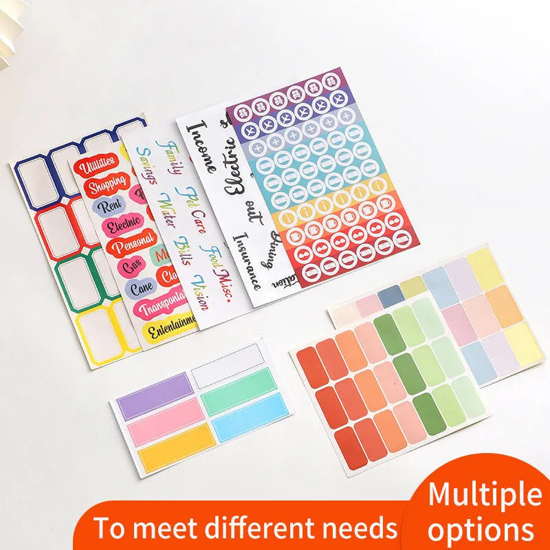 Assortment of paper adhesive stickers, labels, A6 rulers, and sticky notes in various colours and grid layouts.