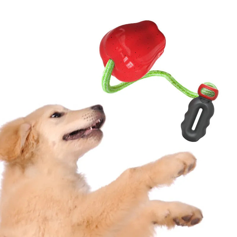 Green and red dog molar toys with hollow treat-dispensing ball design